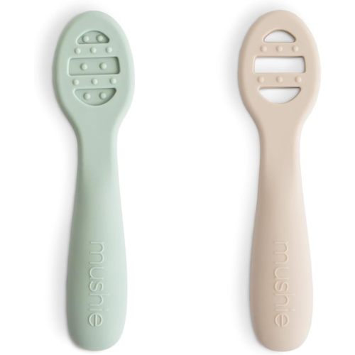 mushie Silicone First Feeding Baby Spoons | 2 Pack (Cambridge Blue/Shifting Sand)