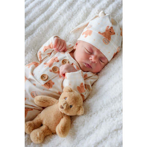 Newborn Baby Knot Gown & Hat Set in Honey Bear | Caden Lane