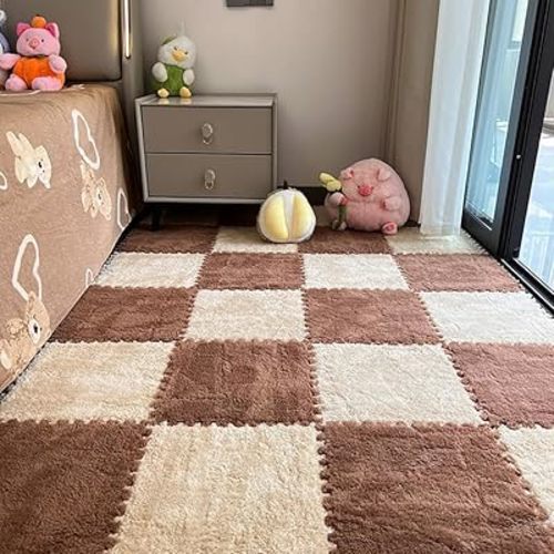 12 Pcs Plush Foam Interlocking Carpet Tiles,Soft Shaggy Fluffy Floor Area Rugs with Padding,Colorful Floor Protective Mats for Home Kids Room Playroom (Beige and Coffee, 11.8 x 11.8 x 0.39)