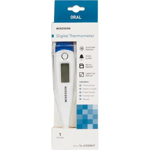 McKesson Digital Oral Thermometer with LCD Display - 30-Second Reading, Fever Alarm, Recall Memory - Includes Probe Sheaths, Storage Case, Manual, Battery, 1 Count