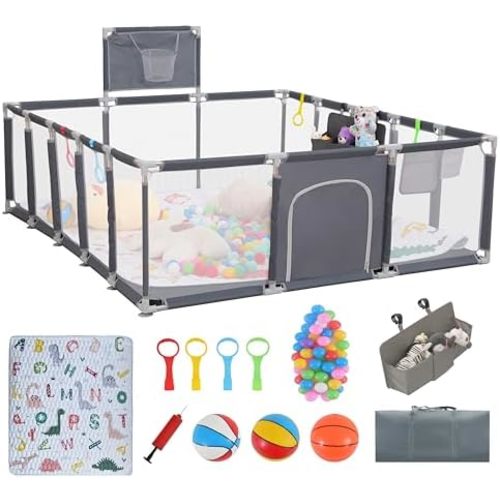 Baby playpen, 79"x71"Baby Playpen with Mat Indoor&Outdoor Playpen for Babies and Toddlers with Breathable Play Pen with Ocean Balls Hanging Pocket Basketball Hoop (Gray)