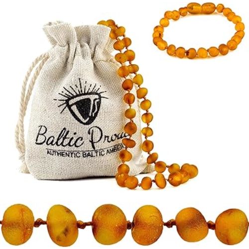 Baltic Proud Raw Amber Necklace and Bracelet Gift Set (Unisex Honey Raw 12.5 Inches/5.5 Inches) - Certified Premium Quality Raw Baltic Sea Amber
