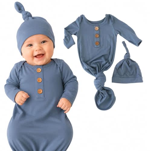Caden Lane Newborn Knotted Gown with Hat, Soft Bamboo Viscose Baby Sack, Unisex Infant Breathable Night gown Dusty Blue