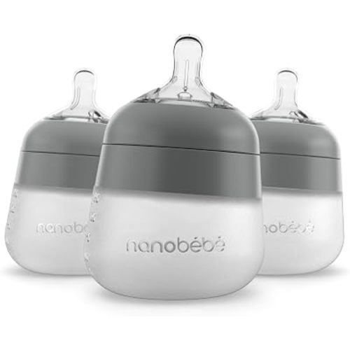 Nanobebe Flexy Silicone Baby Bottle, Anti-Colic, Natural Feel, Non-Collapsing Nipple, Non-Tip Stable Base, Easy to Clean 3-Pack, Gray, 5 oz