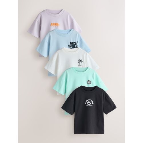 White/Blue/Green/Black/Purple Small Short Sleeve Graphic T-Shirts 5 Pack (3mths-7yrs)