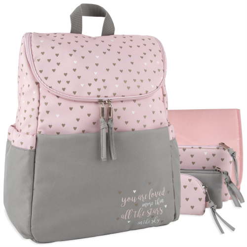 Baby Essentials Multi-Pocket Diaper Bag Backpack (5 Piece) with Matching Changing Pad and (3) Organizer Pouches for Newborns, Infants & Toddlers in Pink & Gold Hearts