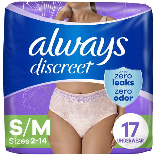 Always Discreet Adult Incontinence Underwear for Women and Postpartum Underwear, s/m, up to 100% Bladder Leak Protection, 17 Count