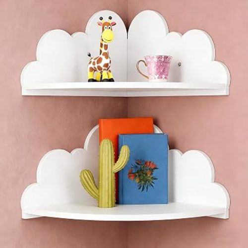 Cloud Corner Floating Shelves, 2-Tier White Cloud Corner Shelf Wall Mounted, Cute Nursery Wall Decor, Small Wooden Display Shelf for Kid’s Room, Toys, Plants & Storage