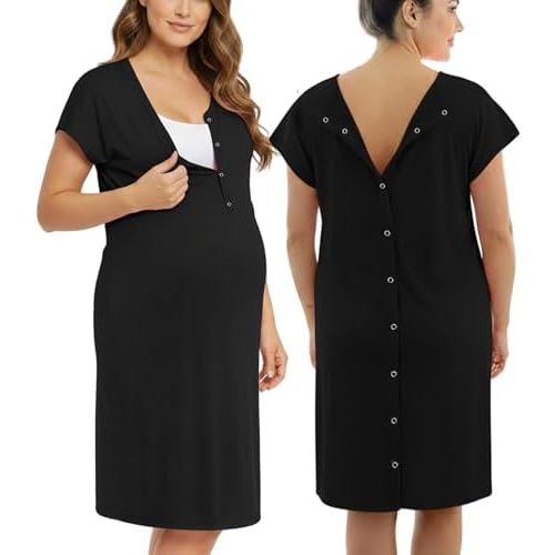 PATPAT Maternity Labor and Delivery Gown, 3 in 1 Hospital Nursing Nightgown with Easy Snaps, Skin-to-Skin Access & Pockets