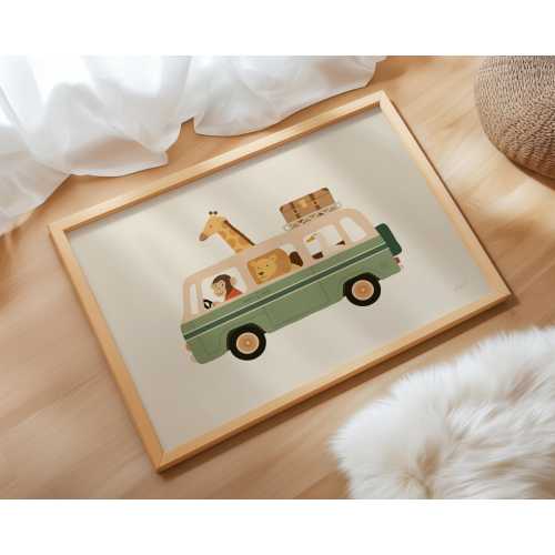 Safari Animal Car Wall Art Printable Poster Vintage Green Car with Giraffe Lion Monkey Kids Room Decor Nursery Print Travel Artwork