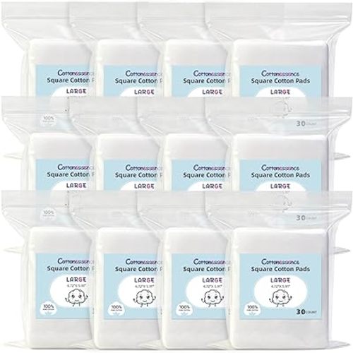 Large Square Cotton Pads (360 Count)- 30 Count (Pack of 12)，4.72”x 5.91”,100% Pure Cotton, Gentle Enough for Babies, Soft Texture, Lint-Free, Double Sided, Hypoallergenic, Use Wet or Dry