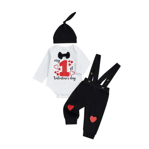 BemeyourBBs Newborn Baby Boy My First Valentines Day Outfit Romper Heart Suspender Pants and Cap 3 Pcs Set Cute Infant Spring Clothes