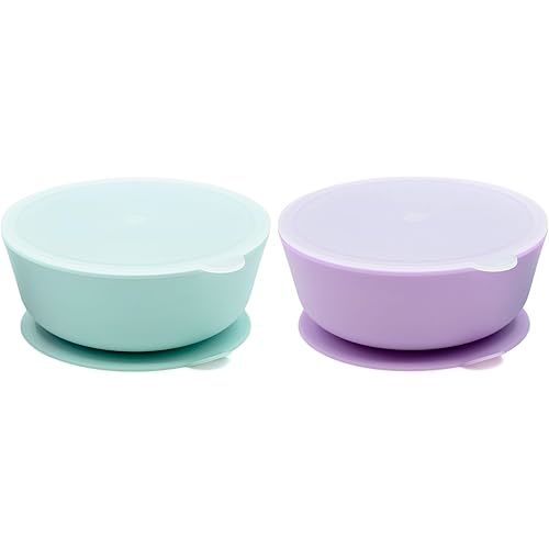 WeeSprout Suction Bowls for Baby & Toddlers (Set of 2) - 100% Silicone w/Plastic Lid - Leak Proof Feeding Supplies - Dishwasher & Microwave Safe Infant Dinnerware w/Extra Strong Base
