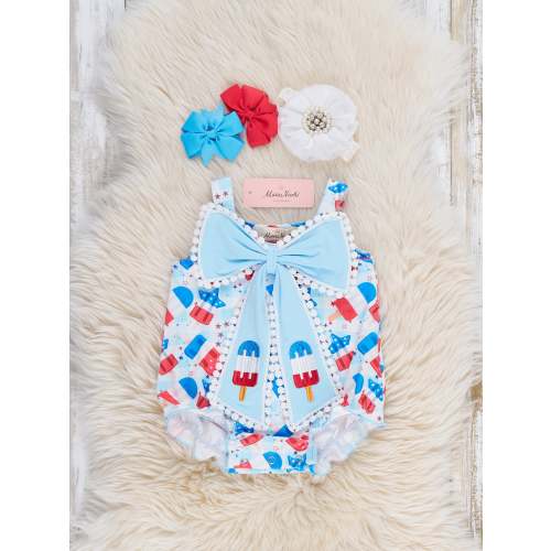 Patriotic Popsicles Embroidered Bow Bubble Romper