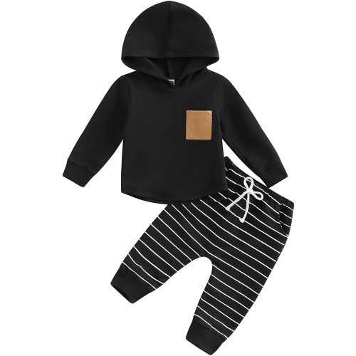 Baby Boys Clothes 3 6 9 12 18 24M 3T Pants Set Hooded Patchwork Hoodie Striped Sweatpants Fall Winter Outfit - Black - 0-6 Months