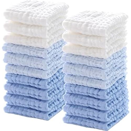 Breling 20 Pcs Baby Muslin Washcloth 12 x 12 Inch 100% Cotton Soft and Absorbent Muslin Washcloth Burp Cloth Wipe Newborn Face Towel for Baby Boy Girl Sensitive Skin(White, Light Blue, Blue)