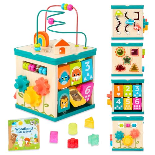 B. toys – Activity Cube – Educational Storybook Included – Wooden Shape Sorter, Bead Maze, Animal Tiles – Top Flips for Compact Storage – 12+ Months – Lil' Learning Cube