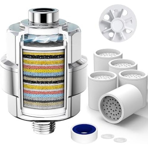 20-Stage Shower Filter-Shower Head Filter for Hard Water, with 5 Replaceable Cartridges, High Output Shower Water Filter for Removing Chlorine and Fluoride, Polished Chrome