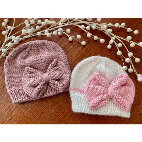 Hand Knit Baby Hat with Bow, Knit Baby Beanie, Newborn Hat, Blush Pink Baby Hat, White and Pink Baby Beanie, Baby Bonnet, Newborn Photo Hat