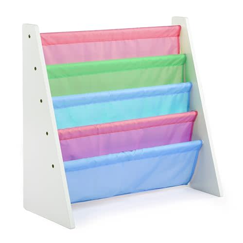 Humble Crew 4-Tier Kids Bookshelf, White Wood/Pastels - Premium Book Shelf for Kids Rooms with Four Deep Pockets - Toddler Sling Book Rack with Deep Sleeves, Nursery Bookcase Organizer