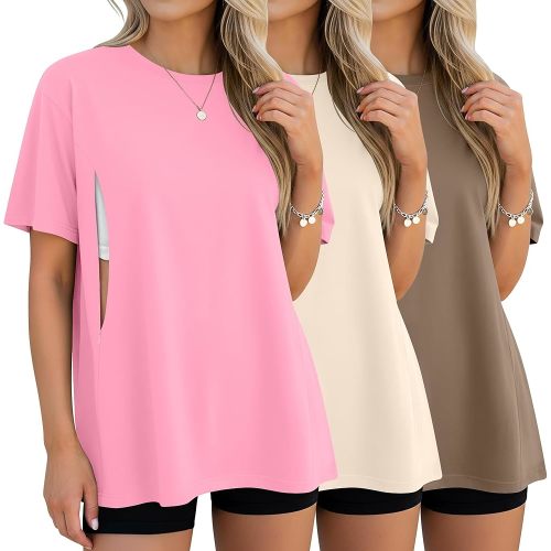 3 Pack Women's Oversize Nursing Breastfeeding Shirts Hidden Zipper Short Sleeve Loose Fit Maternity Tops