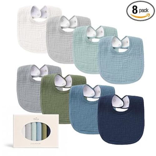 Konssy 8-Pack Muslin Baby Bibs, Adjustable Fit for Drooling and Teething