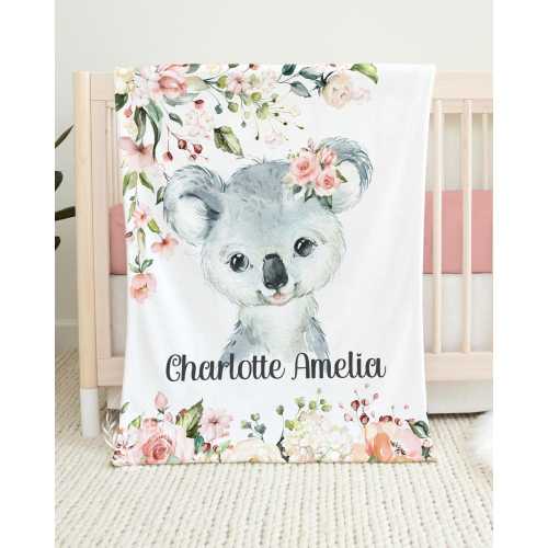 Personalized Koala Baby Blanket, Floral Girl Name Blanket