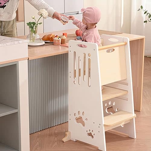 Toddler Tower Height-Adjustable White Step Stool with Sliding Safety Door