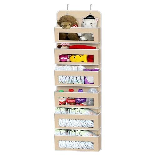 SIMPLE HOUSEWARE 6 Clear Window Pocket Over Closet Door Storage Hanging Organizer for Bedroom, Bathroom, Pantry, Beige