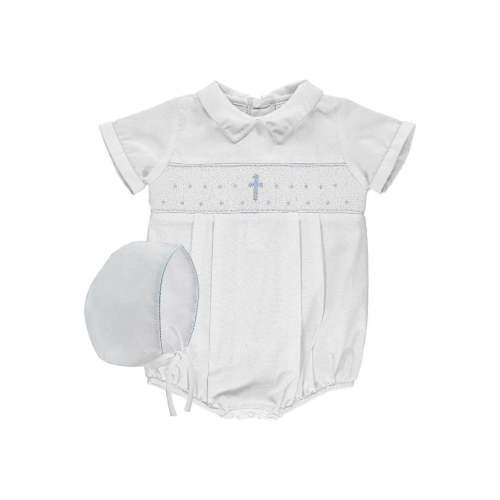 Baptism White Smocked Cross Romper with Bonnet