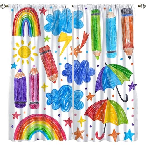 Kids Doodle Blackout Curtains Crayons Watercolor Pencils Rainbow Stars Umbrella Window Treatments for Kitchen Boys Girls Bedroom Living Dining Room 52" W X 84" L