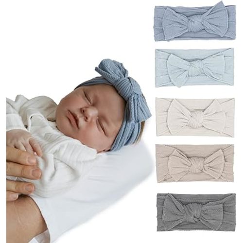 Parker Baby Co. Cable Knit Nylon Baby Headbands, 5 Pack - Pebble Set