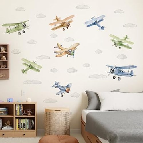 Vintage Watercolor Airplane Wall Decals – Peel and Stick Biplane and Clouds Stickers for Baby Boys' Rooms, Kids' Rooms, Playrooms, Gender-Neutral Nursery, Colorful Aircraft Wall Art Decor