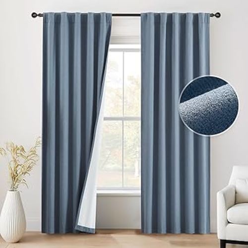 Beauoop Linen 100% Blackout Curtains 84 Inches Long 2 Panels for Bedroom Living Room Blue with White Back Farmhouse Room Darkening Thermal Insulated Back Tab Rod Pocket Window Treatment Drapes, 40X84