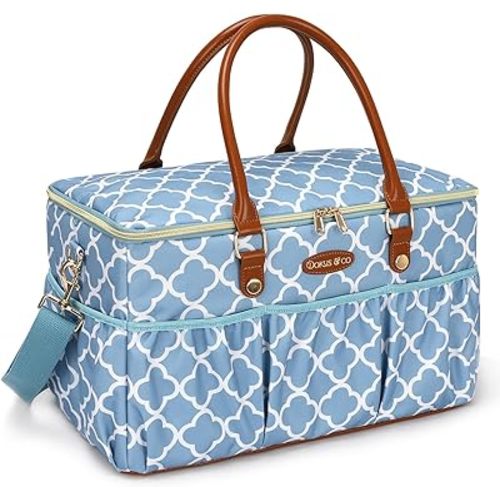 DOKUS & CO Large Diaper Bag Tote with Shoulder Strap – Water-Resistant Baby Bag for Travel, Mom & Dad – Stylish Diaper Organizer with Zipper Pockets – Blue Moroccan