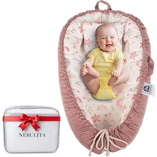 Nebulita Newborn Lounger Pink - Flexible & Portable w/Infant Support Cushion, Soft & Breathable 100% Cotton - Multi-Use Supervised Baby Lounger for Floor, Travel, Changing Mat Alternative - Basic