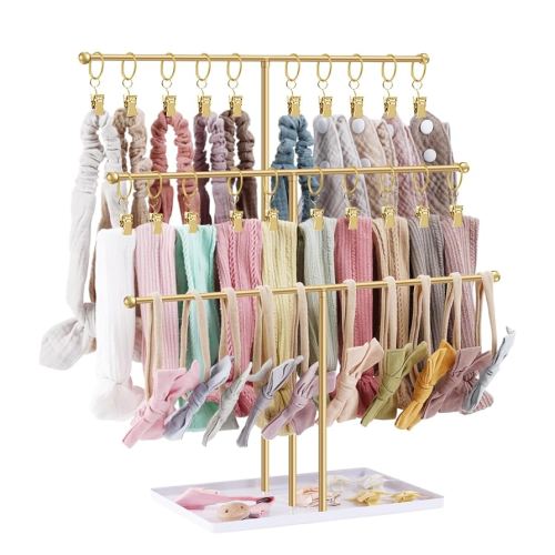 POVETIRE Headband Holder Stand Storage for Baby, 3 Tier Wooden Bow Organizer for Girls Hair Bows, Infant Hair Accessories Rack Display for Nursery Decor