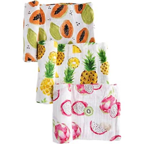 Little Unicorn – Tropical Fruit Cotton Muslin Swaddle Blanket Set | Set of 3 | 100% Cotton | Super Soft | Newborns and Infants | Large 47” x 47” | Machine Washable