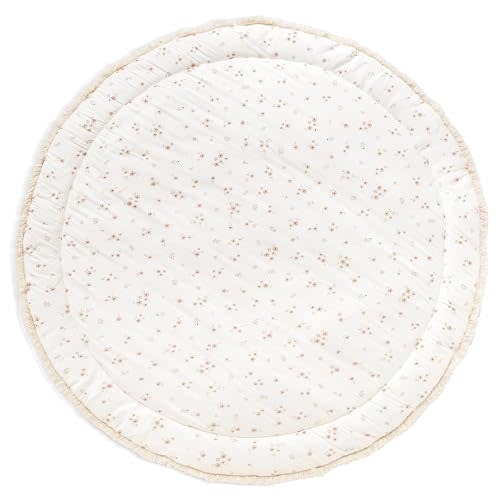 MakeMake Organics Organic Play Mat GOTS Certified Organic Cotton Nursery Floor Rug Washable Reversible Non Toxic Activity Mat Tummy Time Crawling Pad Thick Quilted (Round 48", Bloom + Solid Oat)