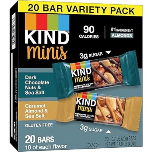 KIND Minis Snack Bars, Dark Chocolate Nuts & Sea Salt and Caramel Almond & Sea Salt, 3g Sugar, Gluten Free Bars, Variety Pack, 0.7 OZ, (20 Count)