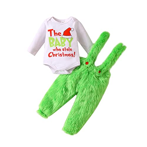VISGOGO Infant Baby Boy Girls Christmas Jumpsuit Set Letter Print Long Sleeve Romper Green Suspender Costume Pants