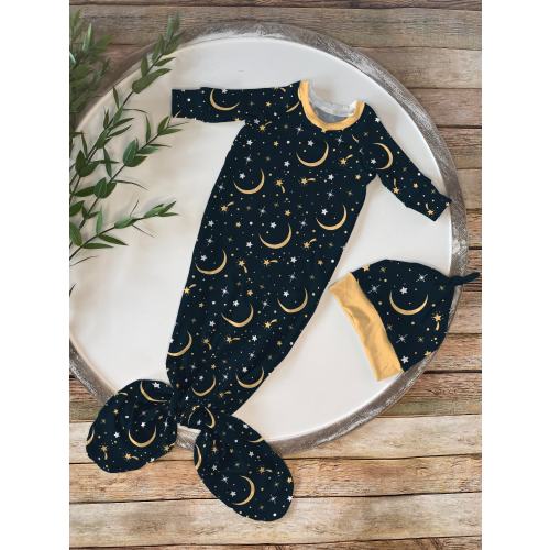Yellow Moons & Stars Newborn Swaddle Set, Baby Girl Celestial Headband / Bow, Boy Knot Hat / Beanie, Witchy Photo Outfit, Galaxy Shower Gift
