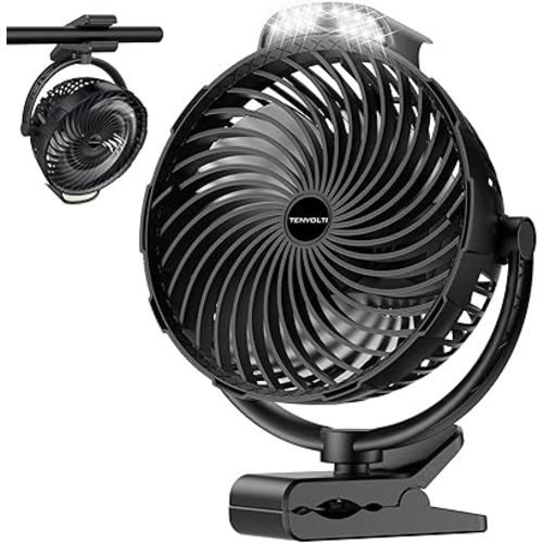 10000mAh Clip on Fan, 8-Inch Golf Cart Fan Rechargeable with LED Light, 9 Speeds Strong Airflow, Ultra Quiet, 30Hrs Runtime, 360° Rotation, Cooling for Bed Camping Office Desk Dorm, Black