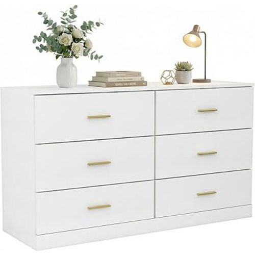 47" Modern White Dresser for Bedroom, 6 Drawer Dresser with Gold Handles