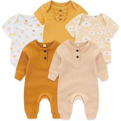 Ruliby Baby Bodysuit Ribbed Romper 5-pcs Soft Unisex Boy Girl Outfit Clothes Set 0-12 momth