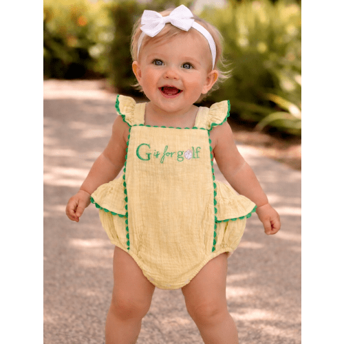 Embroidered Ric Rac Ruffle Sunsuit, G is for Golf