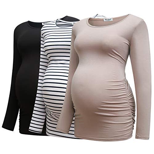 Bearsland Womens Maternity Long Sleeve Tshirt 3 Packs Classic Side Ruched Tee Top Mama Pregnancy Clothes