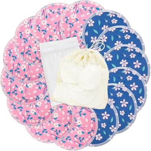 wegreeco Nursing Breast Pads (14 Pack) + Laundry Bag & Travel Storage Bag, 4.7 inch Option - Washable & Reusable Breastfeeding Nursing Pads (Pink Flowers, Large, Plain Shape)