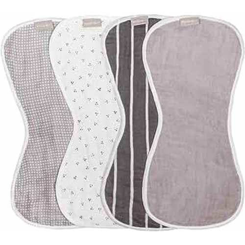 WeeSprout Unisex Set of 4 Organic Towel Cotton Burp Cloths Four Ultra-Absorbent Layers Keep Clothes Dry, Button Transforms Burp Cloth into Baby Bib, Machine Washable (Neutral Set, Full)