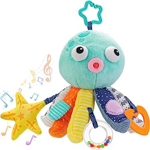 Baby Toys for 0 3 6 9 to 12 Months, Soft Hanging CarSeat Toys with Crinkle Rattles Teether, Infant Newborn Stroller Crib Toy Sensory Activity Music Plush Animal for Babies Boys Girls Gift, Octopus